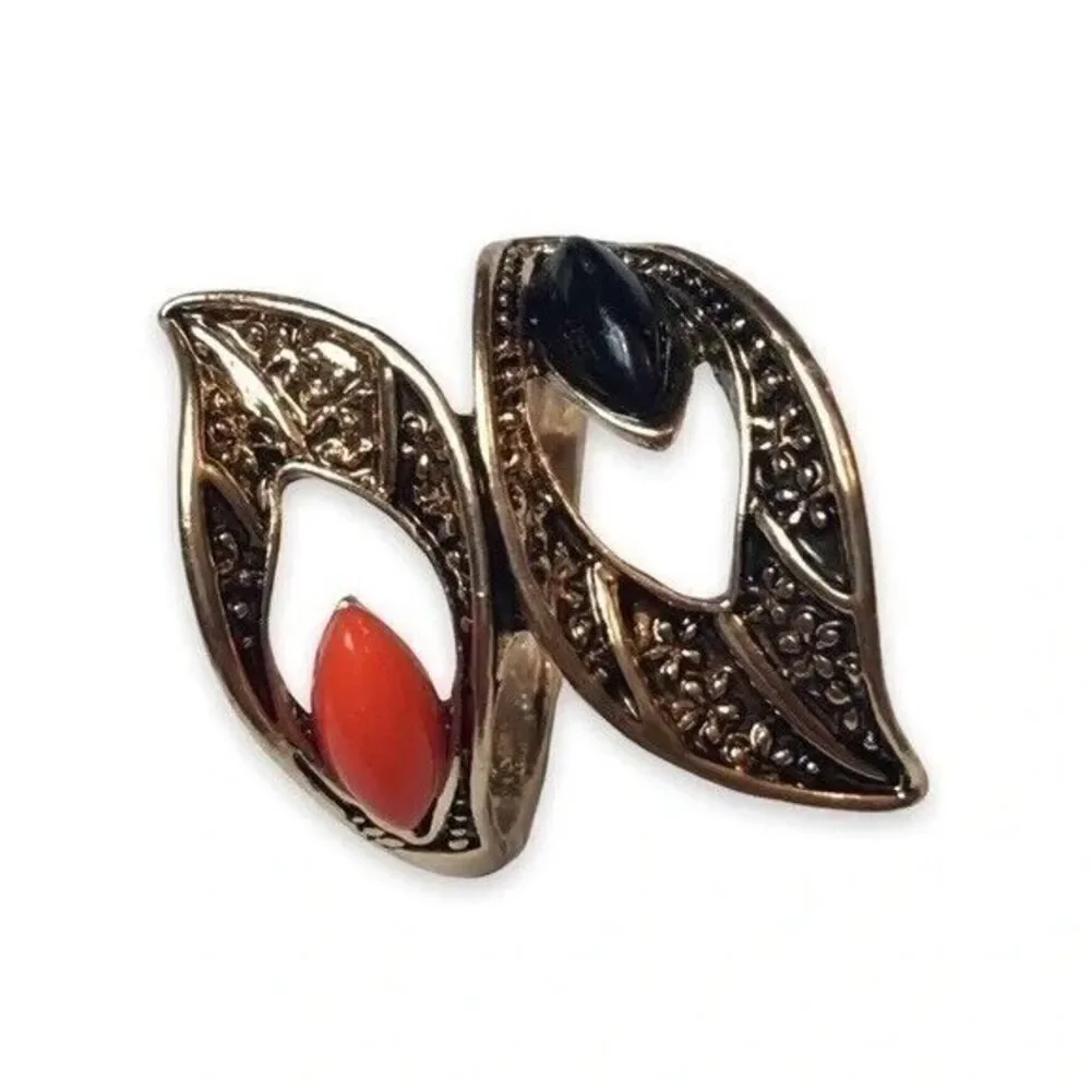 Vintage Ring Size 8.5 Gold Tone Orange Black Rhinestones Calla Lily